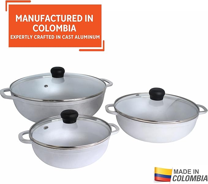 IMUSA Caldero Stock Pot with Glass Lid 3pc Set, 1.5/2.5/5.2qt, Cast Aluminum, Perfect for Serving Medium & Small Groups, Riveted Handles, Made in Colombia, Silver.