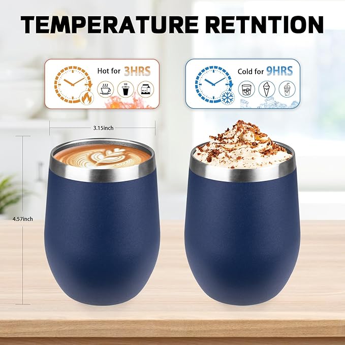 StarSpeed 12oz/6 Pack Wine Tumbler with lid, Stainless Steel Travel Mugs Stemless Double Wall Insulated Coffee Cup, Insulated Wine Glasses Travel Tumbler for Cold & Hot Drinks(Navy Blue, 6)