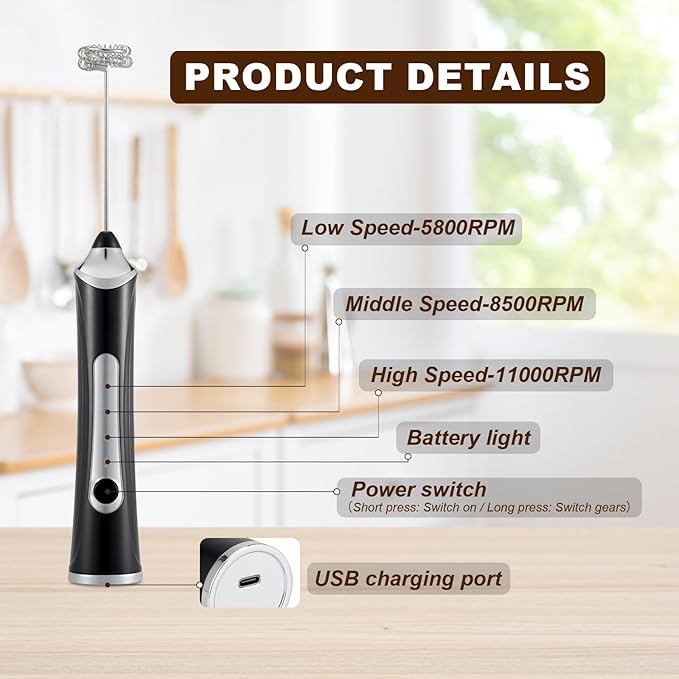 Handheld Electric Milk Frother with 3 Heads, Coffee Whisk Foam Mixer with USB Rechargeable 3 Speeds, Foam Maker Blender for Latte, Cappuccino, Hot Chocolate, Egg, Powders (Black with 3 Heads)