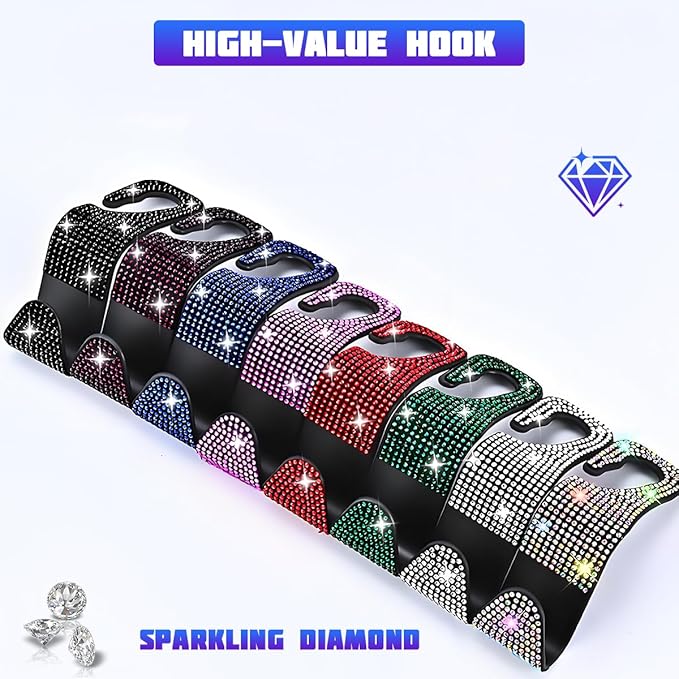 Bling Car Seat Headrest Hooks, 4PCS Crystal Rhinestone Vehicle Back Seat Hanger Holder for Handbags Purses Coats, Automotive Headrest Storage Organizer, Universal for RV SUV Truck (White)