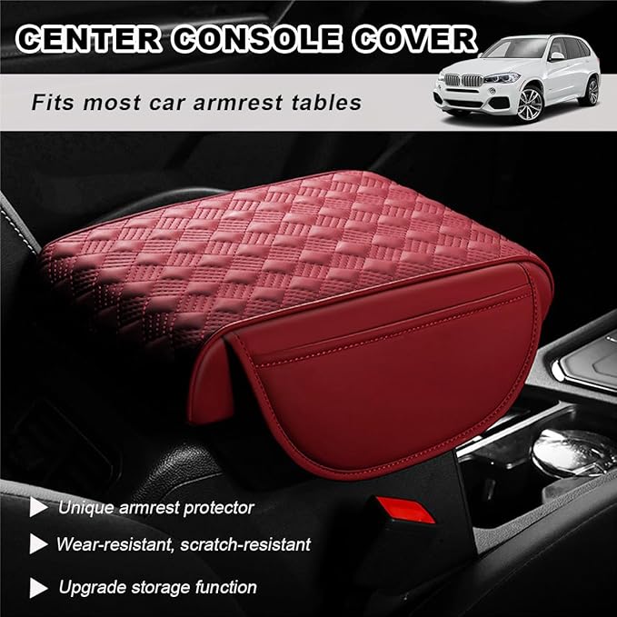 Car Center Console Cover, Waterproof Leather Auto Armrest Box Protector Elbow Pillow with Storage Pocket, Comfortable Memory Foam Arm Rest Box Cushion Pad, Car Accessories (Red)