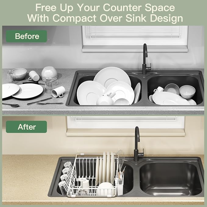 MAJALiS White Dish Drying Rack Over The Sink with Utensil Holder, Mat | Expandable Stainless Steel Dish Drainer for Small Kitchen, Apartment, RV, Counter Space Saving, Perfect Fit, Rustproof