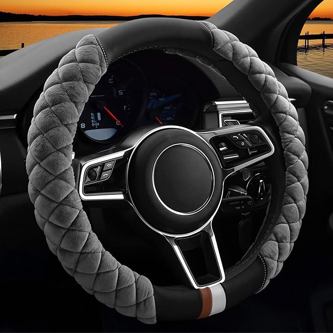 Cxtiy Fluffy Steering Wheel Cover Women Men Plush Steering Wheel Warmer for Winter Soft Fuzzy Luxury Car Accessories (A-Gray)