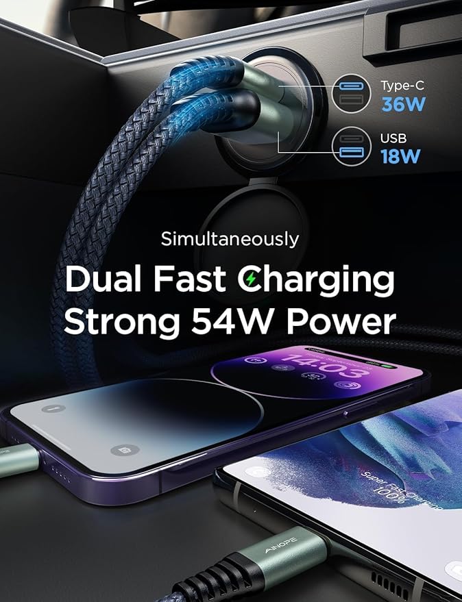 AINOPE 54W USB C Car Charger - Fast Charge, 36W PD Port, 8X Faster, Dual Device, Safety Protection, Compatible with iPhone 14, Samsung Galaxy S23, Google Pixel, iPad, AirPods