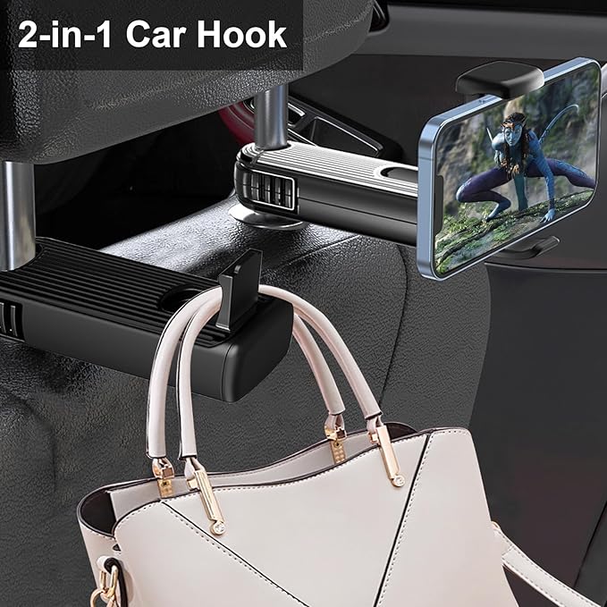 Car Headrest Hidden Hook, New Upgraded 2 in 1 Car Seat Hook with Phone Holder, 360° Rotation Car Hooks for Purses and Bags, Grocery Bag & Handbag (Gold - 1PCS)