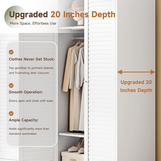 Letaya Armoire Wardrobe Closet,20" Deep Metal Wardrobe Cabinet with Doors and Shelves,Hanging Rod Clothing Storage Cabinets for Home Room (White)