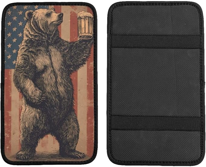 Happy Camper Bear Center Console Cover Pad, American Flag Car Armrest Seat Box Cover Cushion Universal for Most Vehicle SUV Truck, Car Interior Accessories Decor, Protect from Pet Claws & Dirt