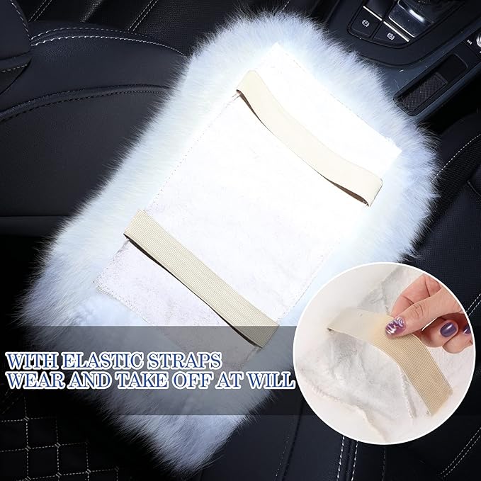 Frienda Furry Armrest Cover Auto Center Console Cover Car Soft Console Pad, Real Sheepskin Wool Soft Fluffy Auto Center Armrest Pad for Most Car Decoration Protector(Gray)