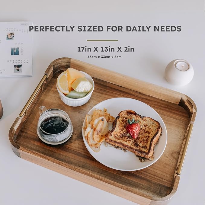 Upper Acacia Wood Ottoman Tray 17x13 Inches with Handles, Decorative Serving Tray for Coffee Table, Breakfast Tray with Anti-Skid Pads