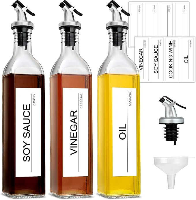 GMISUN Olive Oil Dispenser And Vinegar Bottle 3 Pack 17oz, For Kitchen, Glass Cooking Oil Container Cruet with Pourer Spout, Funnel And Labels, Clear