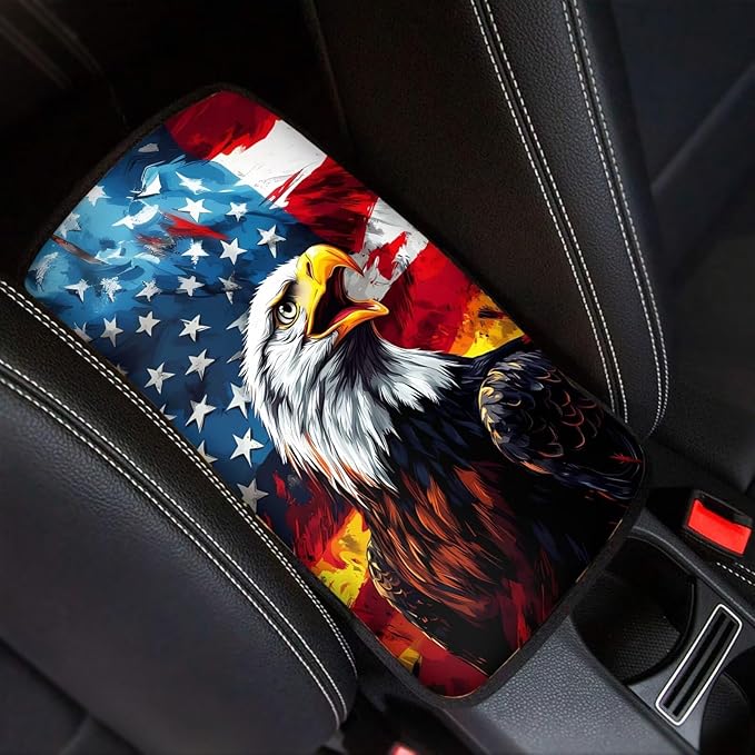 Mintutlipy Flame American Flag Eagle Automotive Center Console Cover Universal Fit 12.3×7.5 Inches Armrest Cushion Pad Protector for SUV Sedans Vans