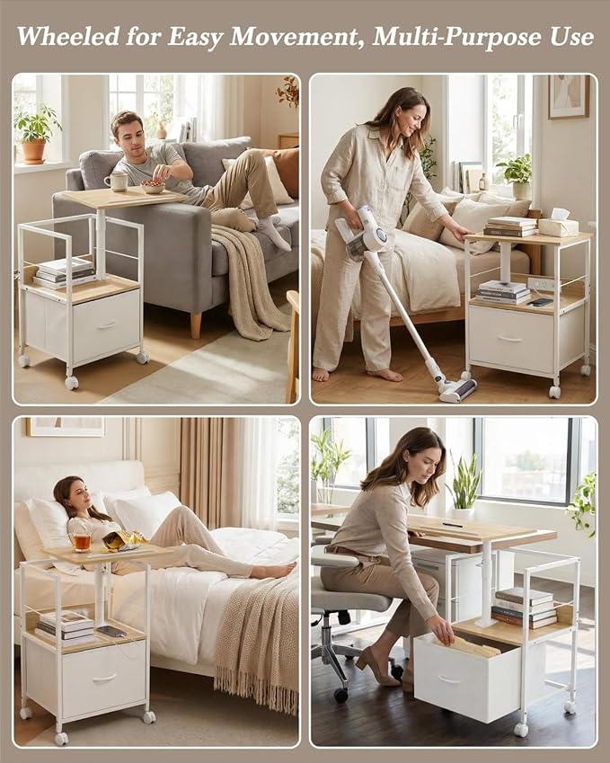 Faesun Swivel Lift Top Nightstand with Charging Station, Rolling Side Table for Recliner, Bedside Table with Wheels & a Fabric Drawer, for Small Spaces, for Bedroom, Living Room, Oak White