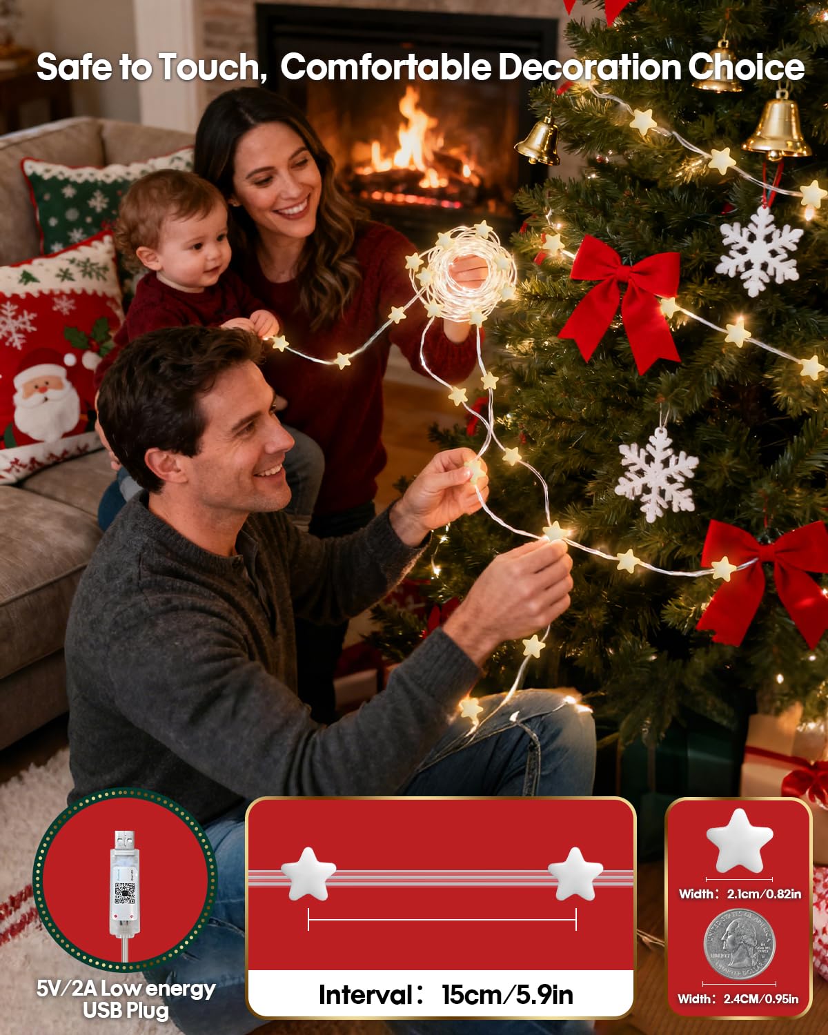 Super RGB Smart Star String Lights, 16.4Ft, 33 LED, Color Changing, Remote & APP Control, White-Star, Model HCL-001