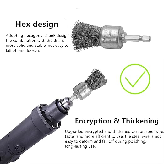 Abrasive Wire Pen Brush Set for Drill - 1/4 Inch Hex Shank 1 Inch Wire Pen Brush - Stainless Steel Crimped Carbon Steel Brush for Rust,Cleaning,Deburring,Removing Paint-6pcs