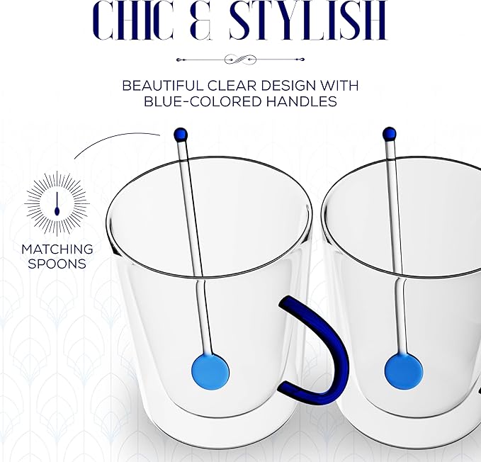 Elle Decor Double Wall Glass Coffee Mugs with Spoons | Set of 2 | Glass Cups with Colored Handles | Clear Coffee Mugs for Latte, Cappuccino, Espresso Coffee, Tea and Hot & Cold Beverages (Blue)