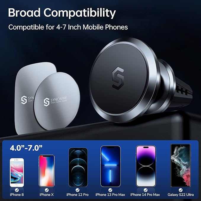 SYNCWIRE Magnetic Phone Holder for Car, Super Strong Magnet Phone Holder Mount Air Vent 360° Rotatable Cell Phone Holder Mount for Car Compatible iPhone 17 16 15 14 13 12 11 Pro Max, X XS XR,Android