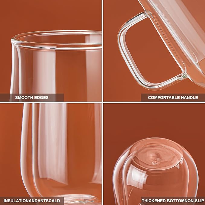 Double Walled Glass Coffee Mugs 12 OZ, Borosilicate Glass Coffee Cups Set of 2 with Spoons, Insulated Clear Coffee Mug for Hot Beverages, Cappuccino, Latte, Tea Bag.