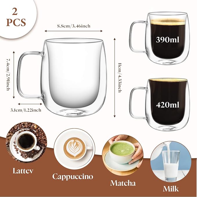 14oz Double Walled Glass Coffee Mugs, Insulated Clear Glass Cups with Handle for Latte, Cappuccino, Tea, Set of 2