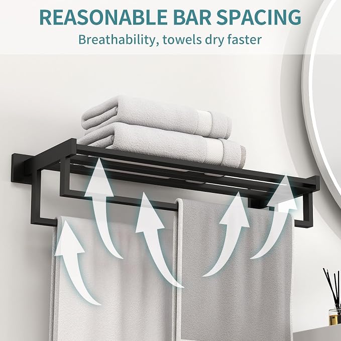 Towel Racks for Bathroom Wall Mounted, 24 Inch Double Towel Bar, Dual Towel Rack with Shelf, Stainless Steel Hand Towel Hanger, Bath Towel Holder for Wall, Black
