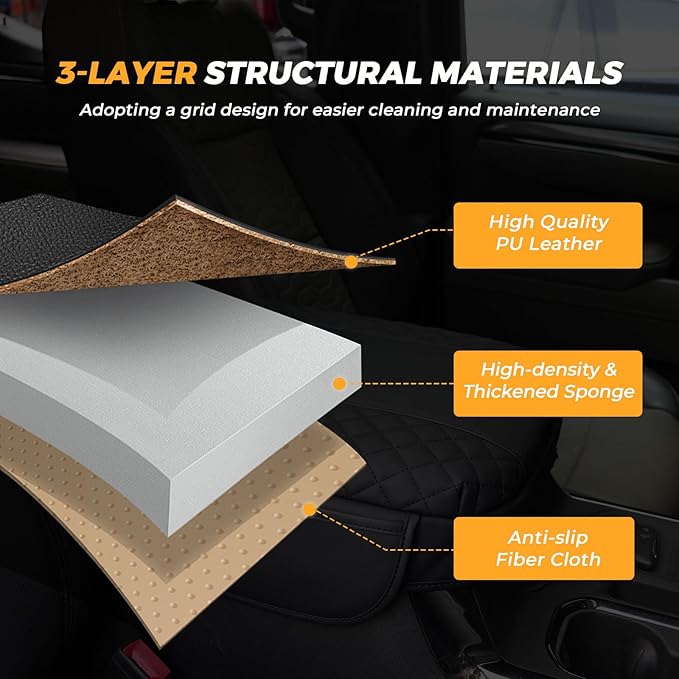 FUNY Center Console Cover Compatible with 2019-2025 Silverado Sierra, Middle Console Cover Lid, Car Arm Rest Covers Cushion Pad, Bucket Seat Middle Console Armrest Box Leather Protective Cover