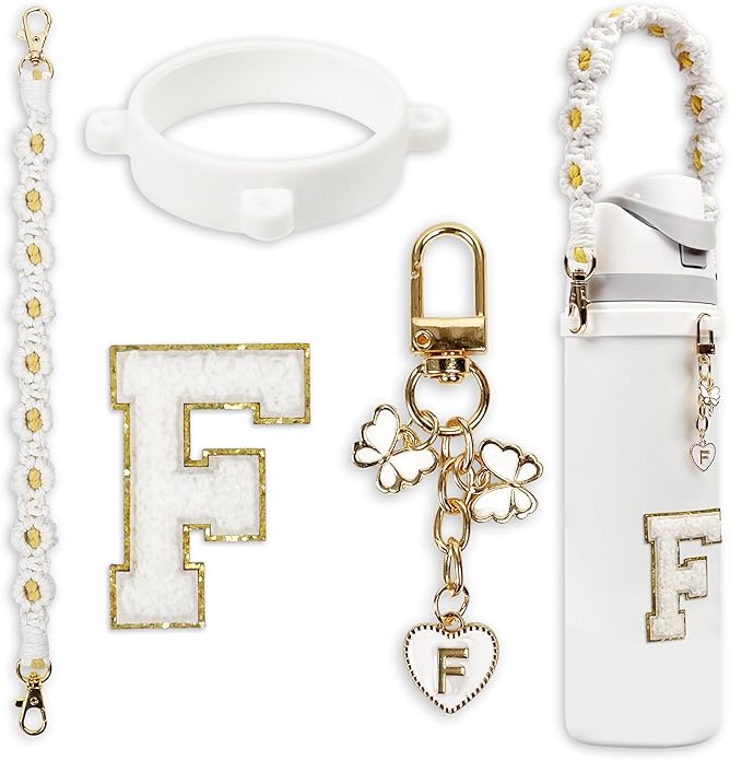 Compatible with Owala Water Bottle Accessories, Cute Letter Charm Set with Boho Handle Strap, Monogram Sticker, Silicone Ring, Keychain Decoration, for FreeSip 24 32 40oz, Owala Kids, Tumbler Gift