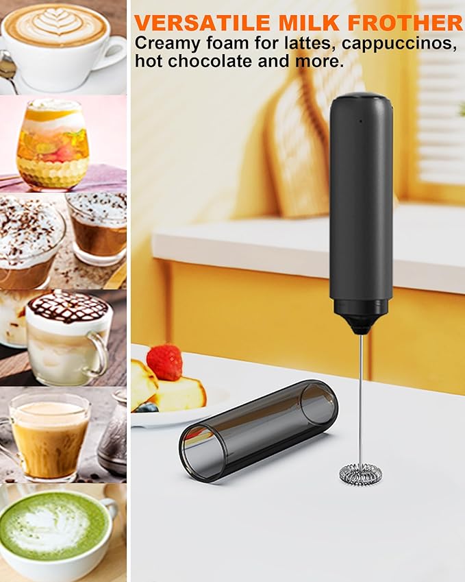 Rechargeable Milk Frother with Cover, Easy to Carry Drink Mixer Handheld, Electric Frother Wand for Coffee, Latte, Cappuccino, Frappe Drink, Hot Chocolate, Black