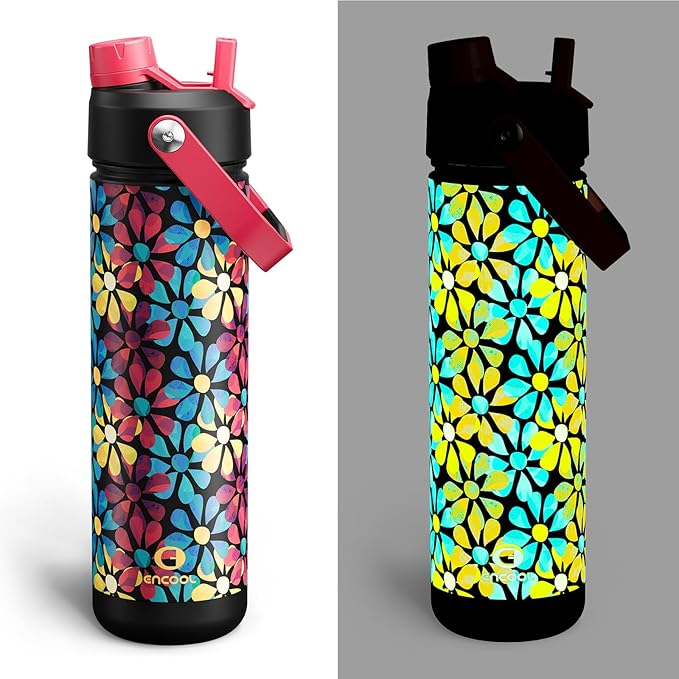 ENCOOL Insulated Water Bottle with Straw Stainless Steel Water Bottle, Leak-Proof, BPA-Free, Double Wall Vacuum Keeps Cold for 24 Hours for Sports, Travel, School (26 oz, Vivid Flora)