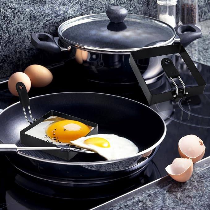 4'' Square Egg Rings with Silicone Handle, Stainless Steel Egg Cooking Rings，Nonstick，For Frying Eggs and English Muffins Pancake, Egg Mold Shaper For Breakfast