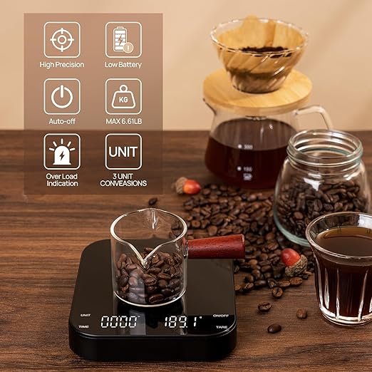 Meilen Mini Espresso Coffee Scale with Timer - 0.1g Precise, USB Rechargeable, 6 Weight Units, 2kg Digital Scale for Espresso, Pour Over, Drip, Kitchen (3kg Black 1 Pack)
