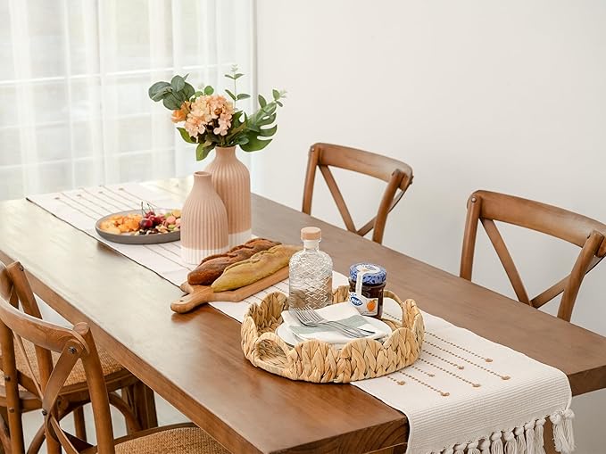 StorageWorks Scalloped Tray, Round Basket Tray Wicker Rattan Serving Tray with Handles, Scallop Basket Table Décor Trays, Water Hyacinth