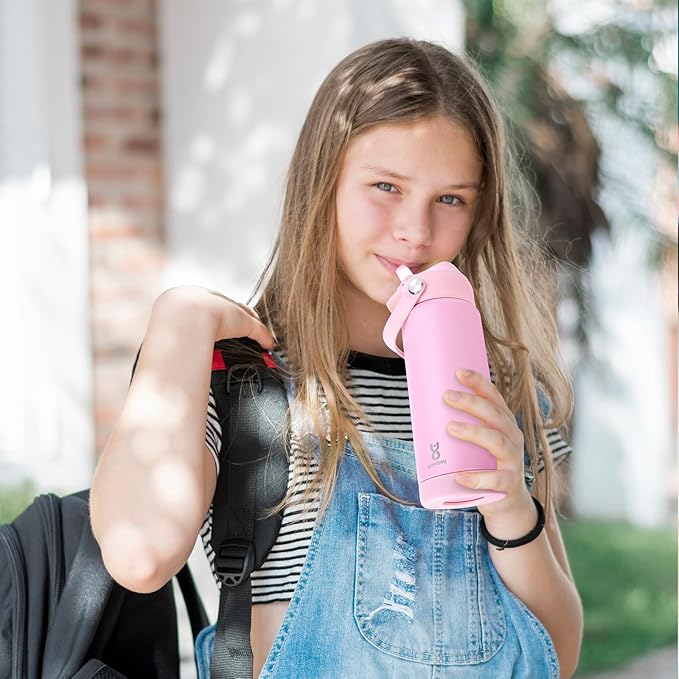 18oz Kids Insulated Water Bottle with Straw Lid & Silicone Handle,Kids Leak Proof Water Bottle for School Boys Girls,Double Wall Vacuum Stainless Steel with Non-slip Silicone Base(LightPink)