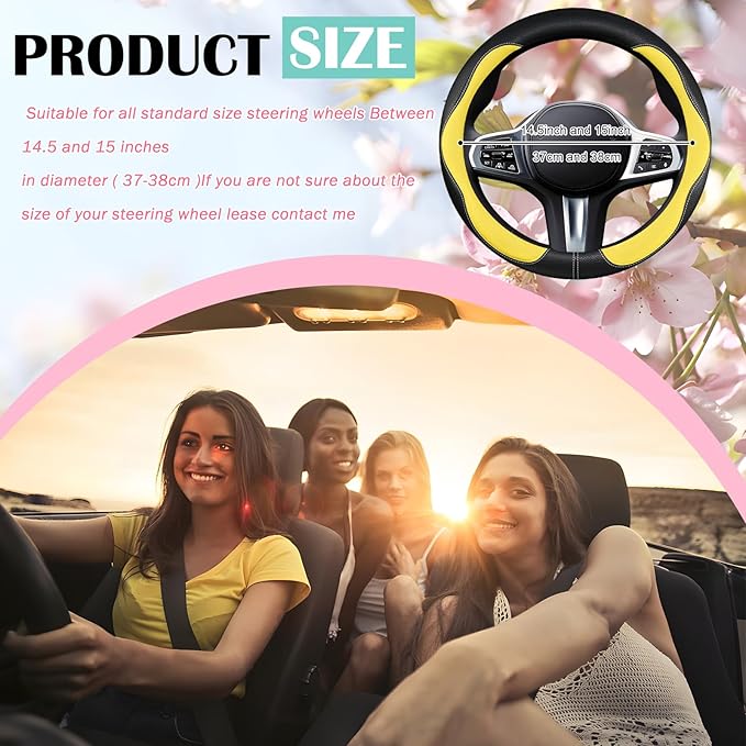 SuperKaKa Car Steering Wheel Cover 2025, Universal Auto PU Cute Breathable Slip-Proof Comfort Imitation Leather Protector Cars Interior Accessories for Women Men Fit Most Vehicle (Yellow)
