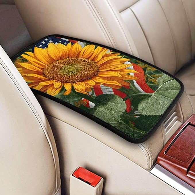 Sunflower Center Console Cover Pad, American Flag Car Armrest Seat Box Cover Cushion Universal for Most Vehicle SUV Truck, Car Interior Accessories Decor, Protect from Pet Claws & Dirt
