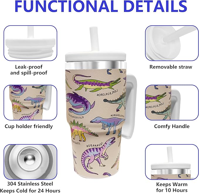 2PCS 20-OZ Insulated Water Bottle,Insulated Stainless Steel Tumbler,Reusable Cold Drink Thermos,BPA-Free, Double-Wall Stainless Steel Water Bottle (Cream-Dinosaurs, 20, Fluid Ounces)