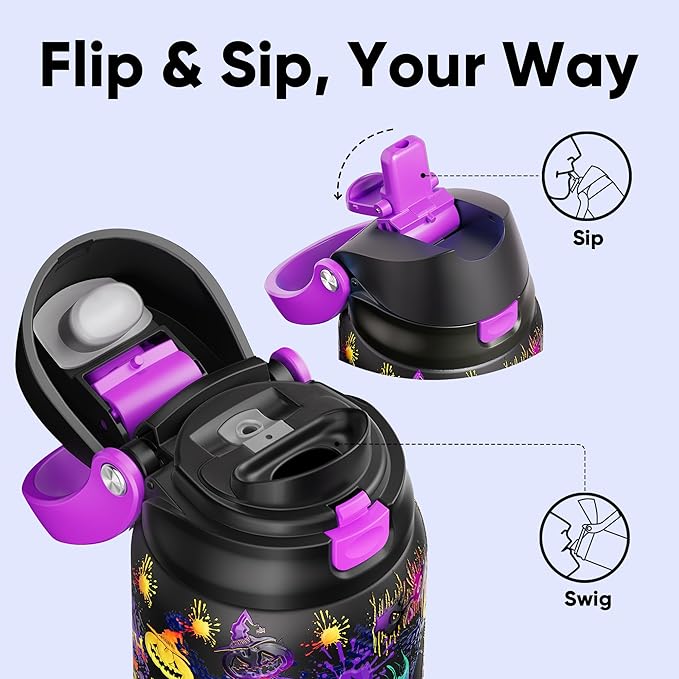 Encool SwiftSip Insulated Stainless Steel Water Bottle with Straw - Leak Proof Sports Water Bottle for School, Travel, Keeps Cold All Day, One-Touch Flip Lid, BPA-Free, 32 oz, Ghost Party