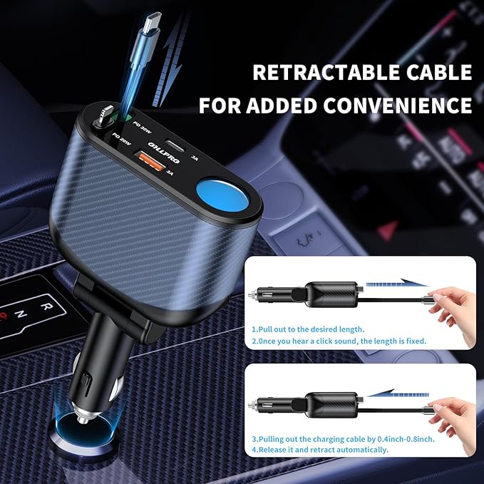 OHLPRO Retractable Car Charger Cigarette Lighter Adapter, 168W 5 in 1 Fast Phone Charging Built-in Replaceable Fuse, Socket Splitter with USB C and USB i Cord, Fit for Phone, iPad, Galaxy, GPS