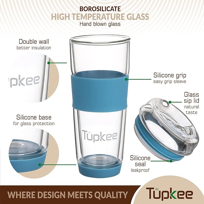 Tupkee Double Wall Glass Tumbler - 14-Ounce, All Glass Reusable Insulated Tea/Coffee Mug & Lid, Hand Blown Travel Mug - Niagara