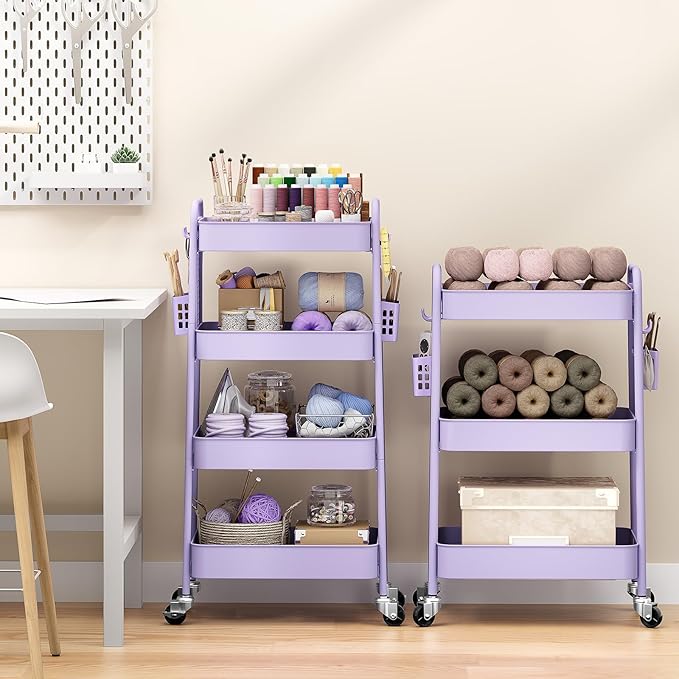 TOOLF 4 Tier Rolling Cart with Pegboard, Metal Storage Organizer Cart with Wheels, Hooks & Bins Esthetician Craft Art Sturdy Storage for Bathroom, Kitchen, Office, Nursery Diaper