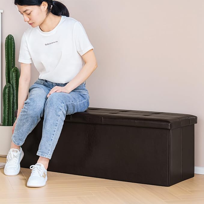 PINPLUS Folding Storage Ottoman Bench, Brown Faux Leather Long Storage Chest Footstool Seat, Bench for Bedroom and Hallway, 43.3"x15.7"x15.7"