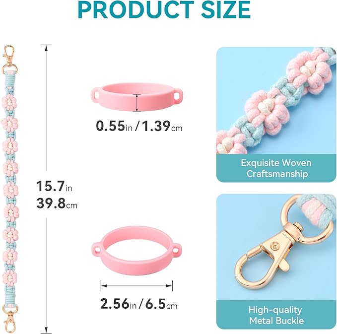 Water Bottle Handle, Hand-Woven Lanyards Silicone Water Bottle Sling, Carrier, Holder with Strap Compatible 8-40oz Stanley Cup Hydroflask Bottle Accessories-Flower Pink