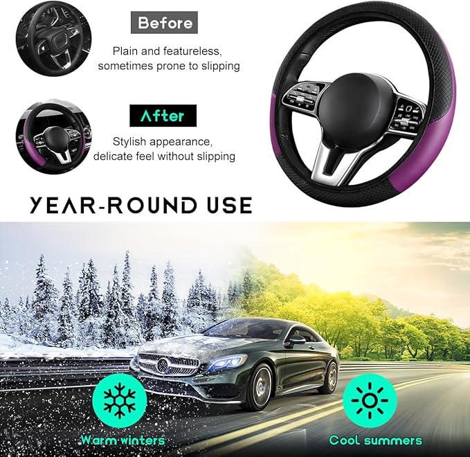 Car Steering Wheel Cover, 15 inch Carbon Fiber Microfiber Leather Elastic Steering Wheel Protector, Breathable Anti-Slip Comfortable Steering Wheel Covers for Most Cars (Black&Purple, AD)