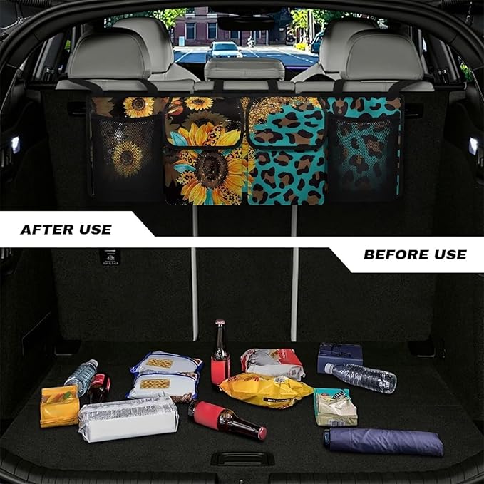 SEANATIVE Sunflowers Leopard Car Trunk Organizer, Hanging Trunk Organizer for SUV, Backseat Car Organizer with 4 Large Compartments, Car Accessories Interior, Space Saving Expert