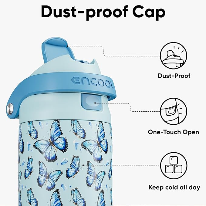 ENCOOL Leakproof Insulated Water Bottle with Straw Dual-Sip Water Bottle Bag-Safe Design for Work, Commute & Gym – Keeps Drinks Cold All Day, 32 oz, Glacier Butterfly