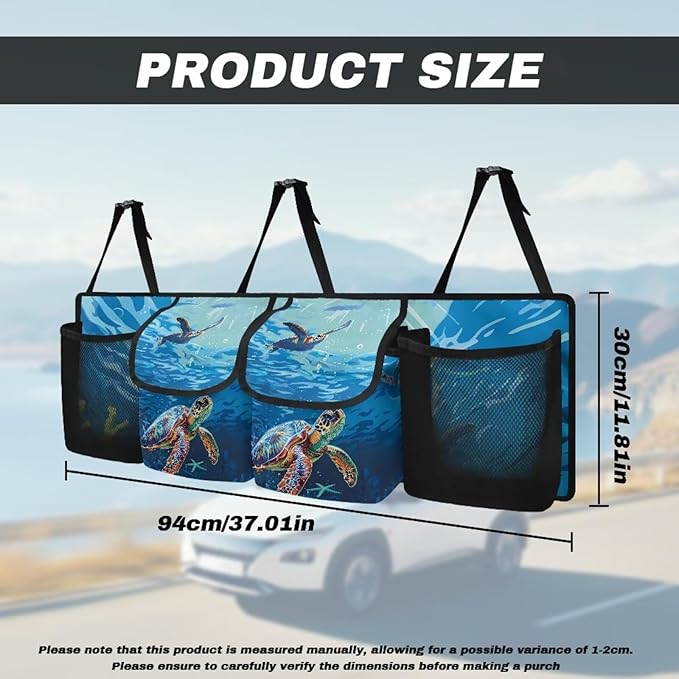 Car Trunk Organizer, Sea Turtle Car Organizers and Storage Backseat Car Organizer for SUV/Truck/MPV, Hanging Car Organization with 4 Pocekts, Frees Trunk Floor, Sturdy Space Saving Expert