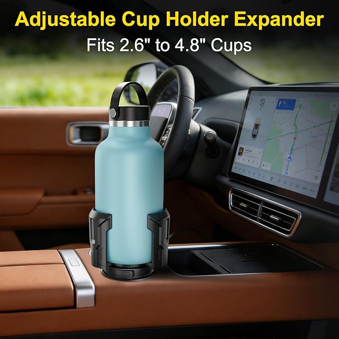 Cup Holder Expander (Adjustable Holder & Base, Auto-Fit Hold, One Button Open), Car Cup Holder Expander for Yeti, Hydro Flask, Nalgene, Owala, Bottles in 2.6"- 4.8" (2 Pack, Black)