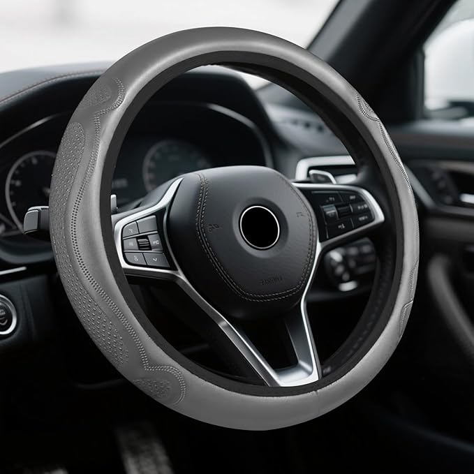 Car Steering Wheel Cover, Steering Wheel Accessories, Breathable Microfiber Leather Auto Wheels Protector, Universal 15 Inch Anti-Slip Protector Car Accessories for SUV Sedan Truck (Gray)
