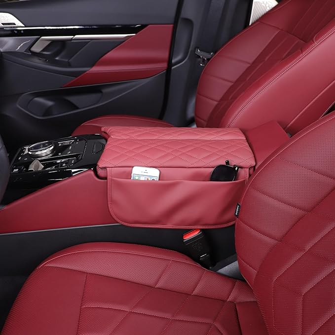 Car Center Console Cover Compatible with BMW 5 Series G60 2024 Sedan,Center Seat Armrest Cover Pad Leather Cushion Anti-Scratch Protector with Side Mobile Phone Storage Pockets 2PCS (Burgundy Color)