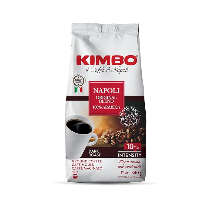 Kimbo Napoli Original Blend 100% Arabica Ground Coffee | 10/13 Intensity | Dark Roast with Floral & Sweet Flavor | 12 oz (340g) bag