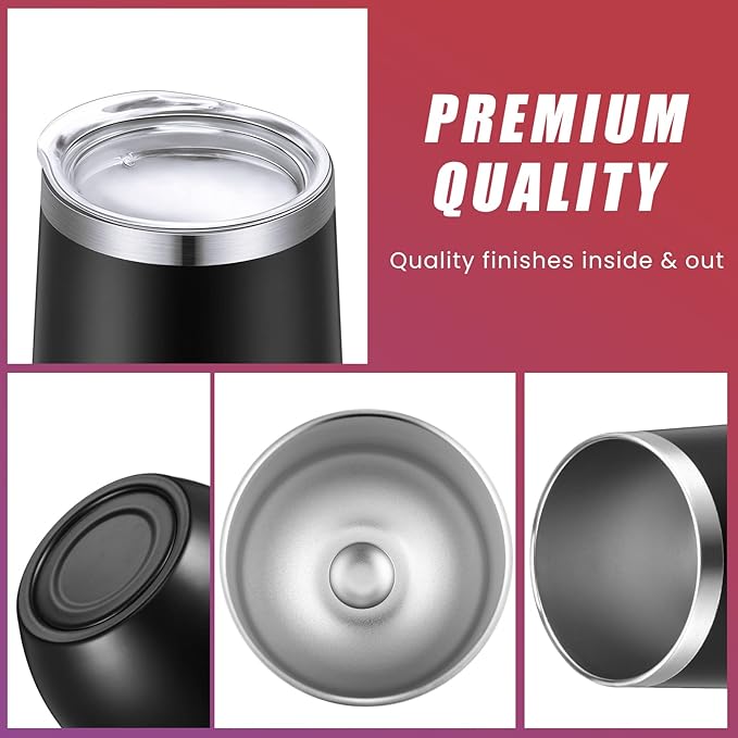 16 Pack Stainless Steel Wine Tumblers 12 oz Insulated Vacuum Wine Cup Set Double Wall Stainless Steel Stemless Mug Glasses for Coffee Soda Whiskey Outdoor Travel (Black)