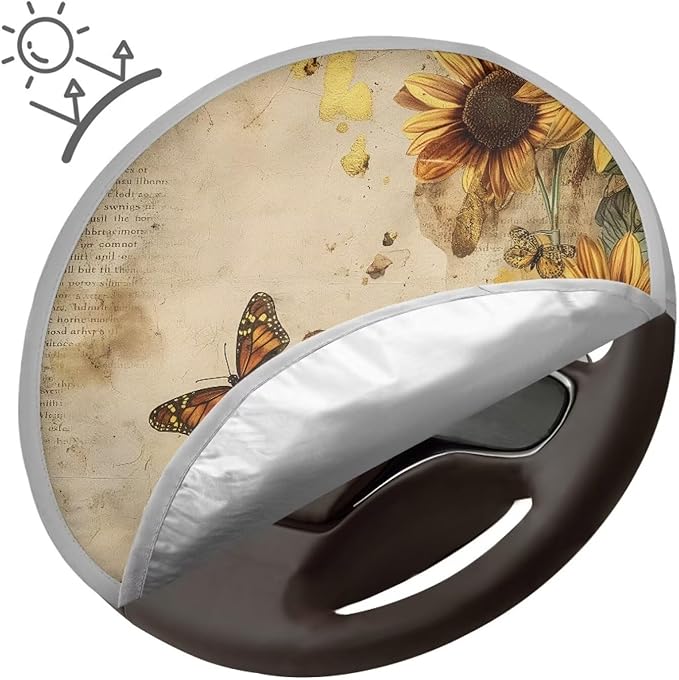 Anti-Heat Steering Wheel Sun Shade Cover Retro Sunflower Butterfly Pattern 17"x17" Car Steering Wheel Cover Steering Wheel Sun Heat Shield Fit Most Car Truck Van SUV